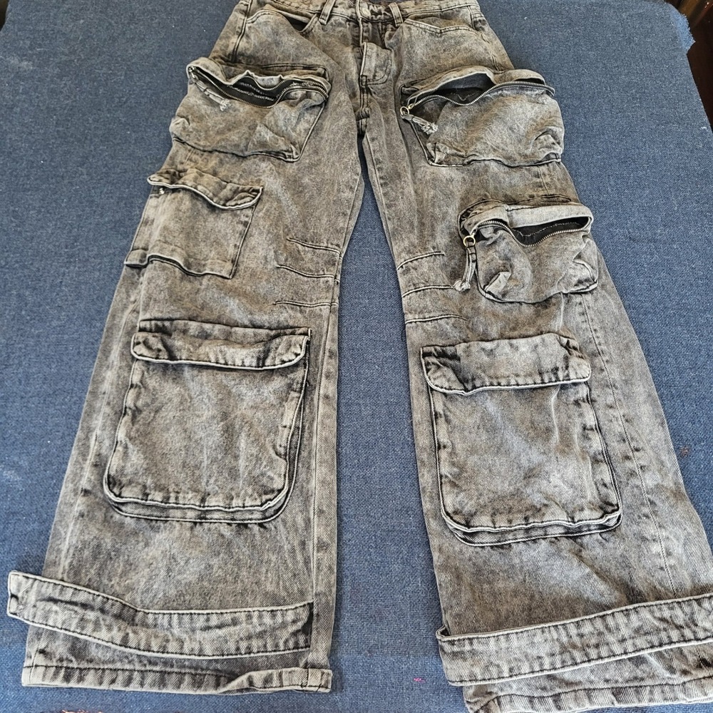 Zara Mens Acid Wash Grey Multi Pocket Cargo Denim Jeans Wide Leg Size 30x31
